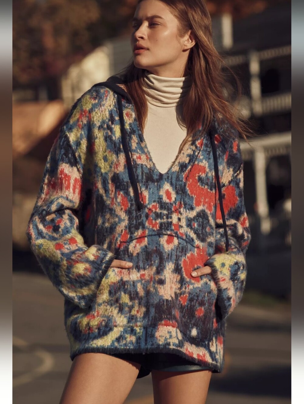 ANTHROPOLOGIE Relaxed Hooded Brushed Knit Ikat Sweater Pullover Oversized NWT